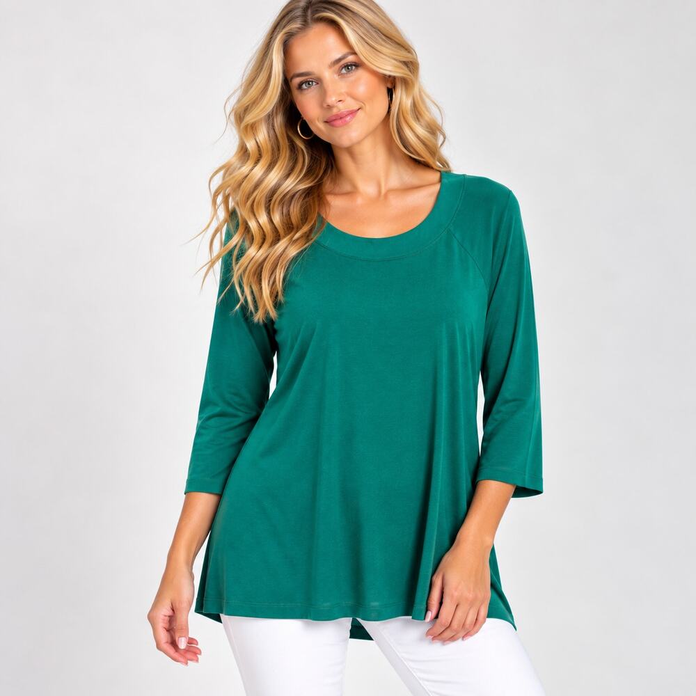 Susan Graver Liquid Knit Blouse Women's Size L Green Minimalist Casual Office